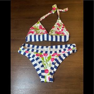 OndadeMar Blue/White checked bikini with red Cherries